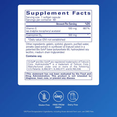 Close-up of Q-Gel 100 bottle label with CoQ10 and Vitamin E mention