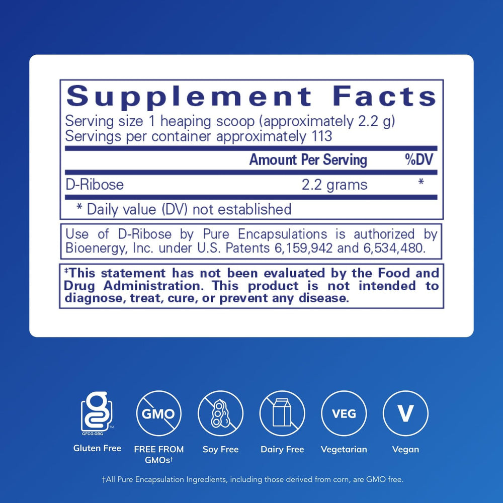 Pure Encapsulations Ribose bottle back label highlights ingredients and allergen-free promise