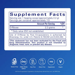 Pure Encapsulations Ribose bottle back label highlights ingredients and allergen-free promise