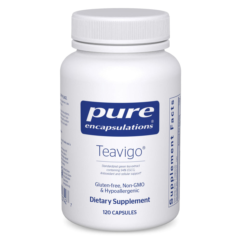 Pure Encapsulations Teavigo bottle front showing caffeine-free green tea EGCG antioxidant support