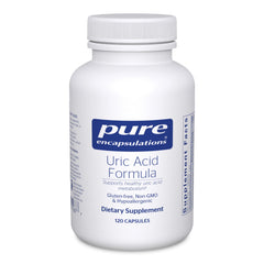 Pure Encapsulations Uric Acid Formula bottle shows the product and label for metabolism support.