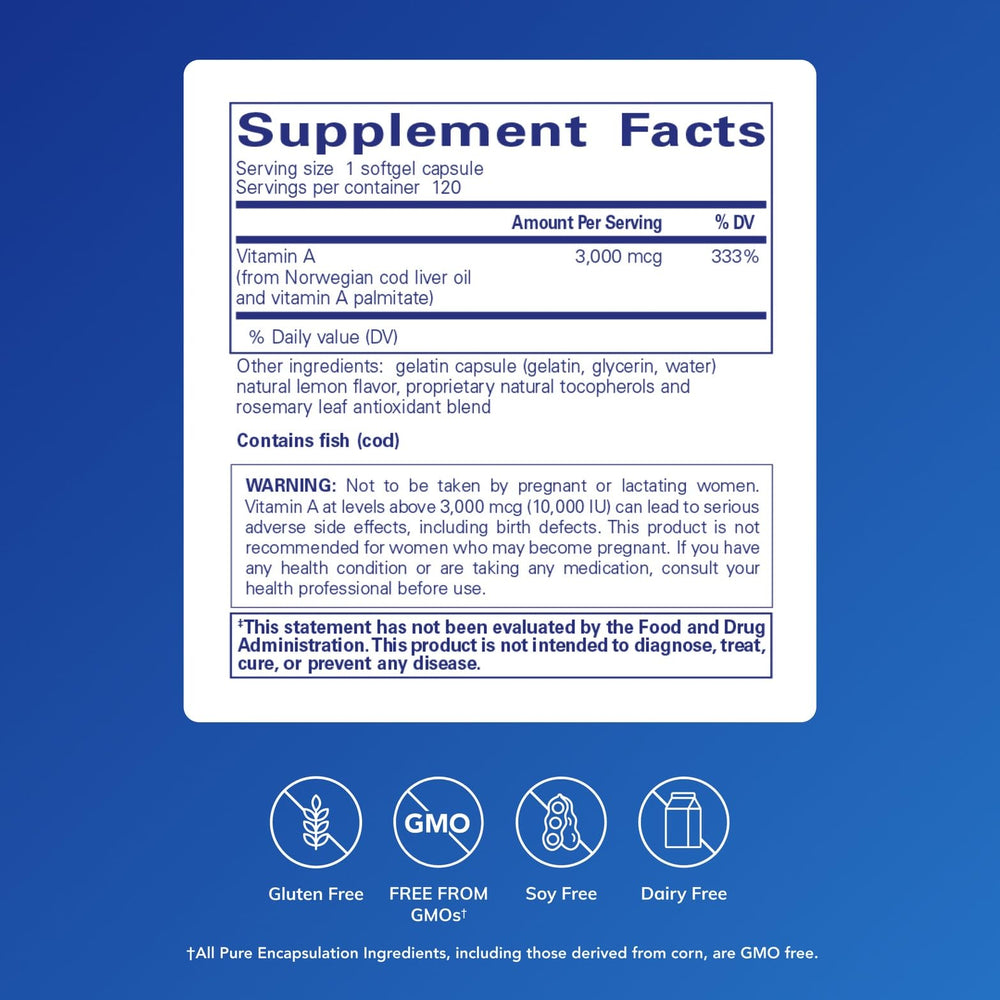 Box and bottle of Pure Encapsulations Vitamin A on white background