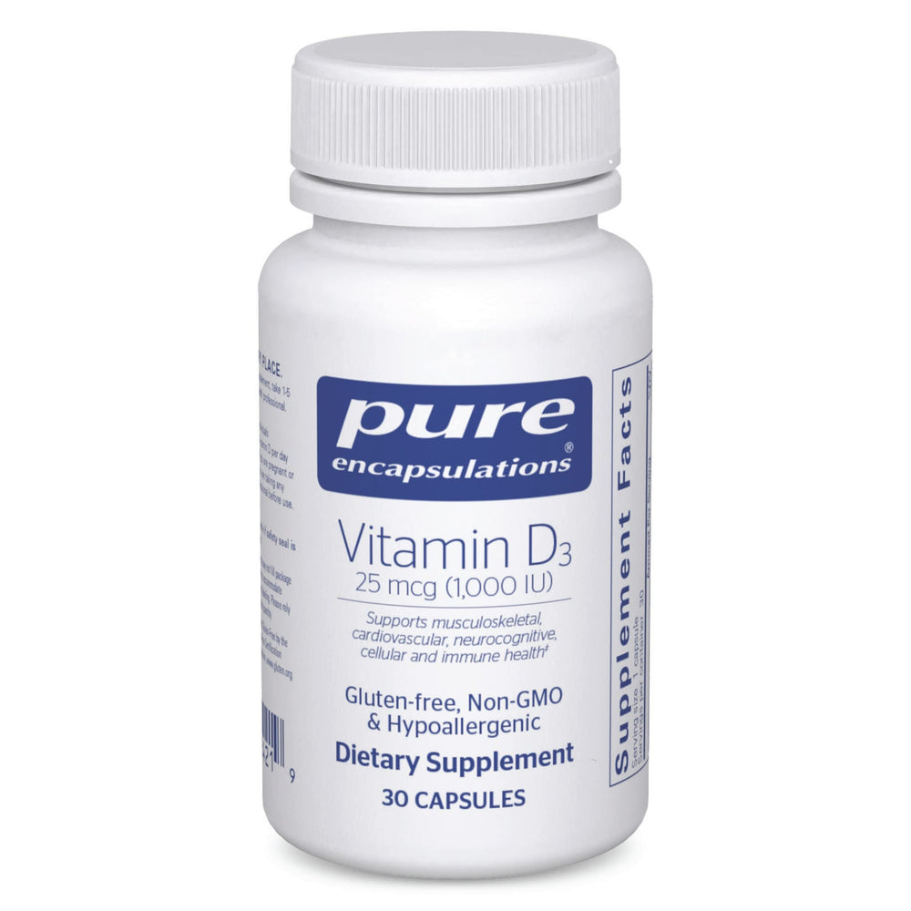 Pure Encapsulations Vitamin D3 bottle with 25 mcg (1000 IU) – 30 capsules (hero image)