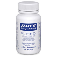 Bottle of Pure Encapsulations Vitamin D3 25 mcg (1,000 IU) 60 capsules