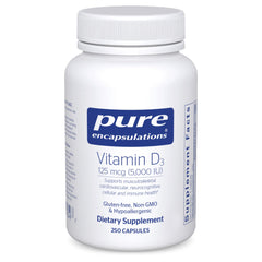 Pure Encapsulations Vitamin D3 bottle label shows 125 mcg for bone support.