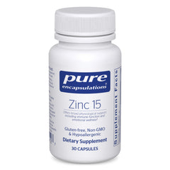 Pure Encapsulations Zinc 15 mg bottle on white, zinc picolinate for immune support