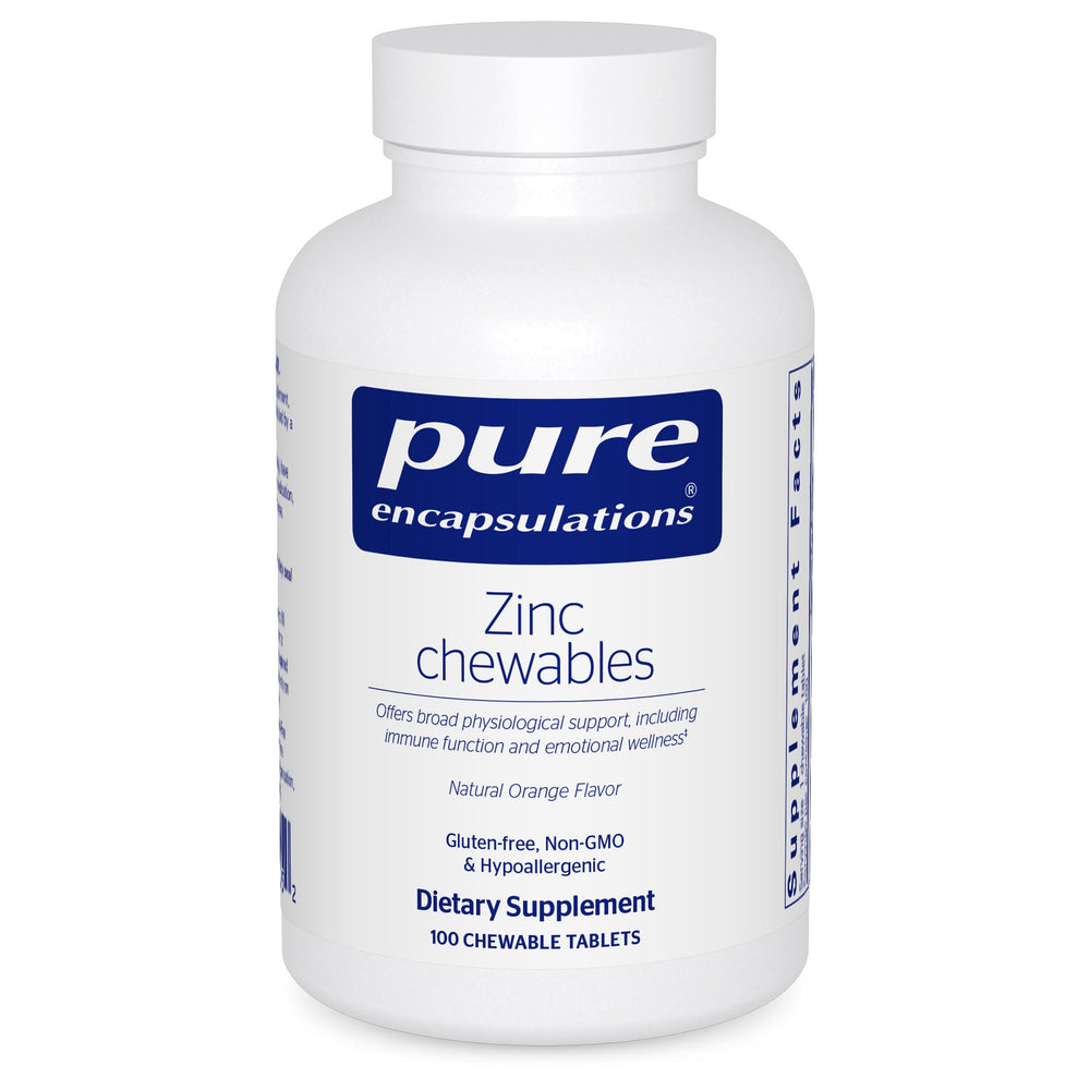 Bottle of Pure Encapsulations Zinc Chewables – 100 orange-flavored tablets