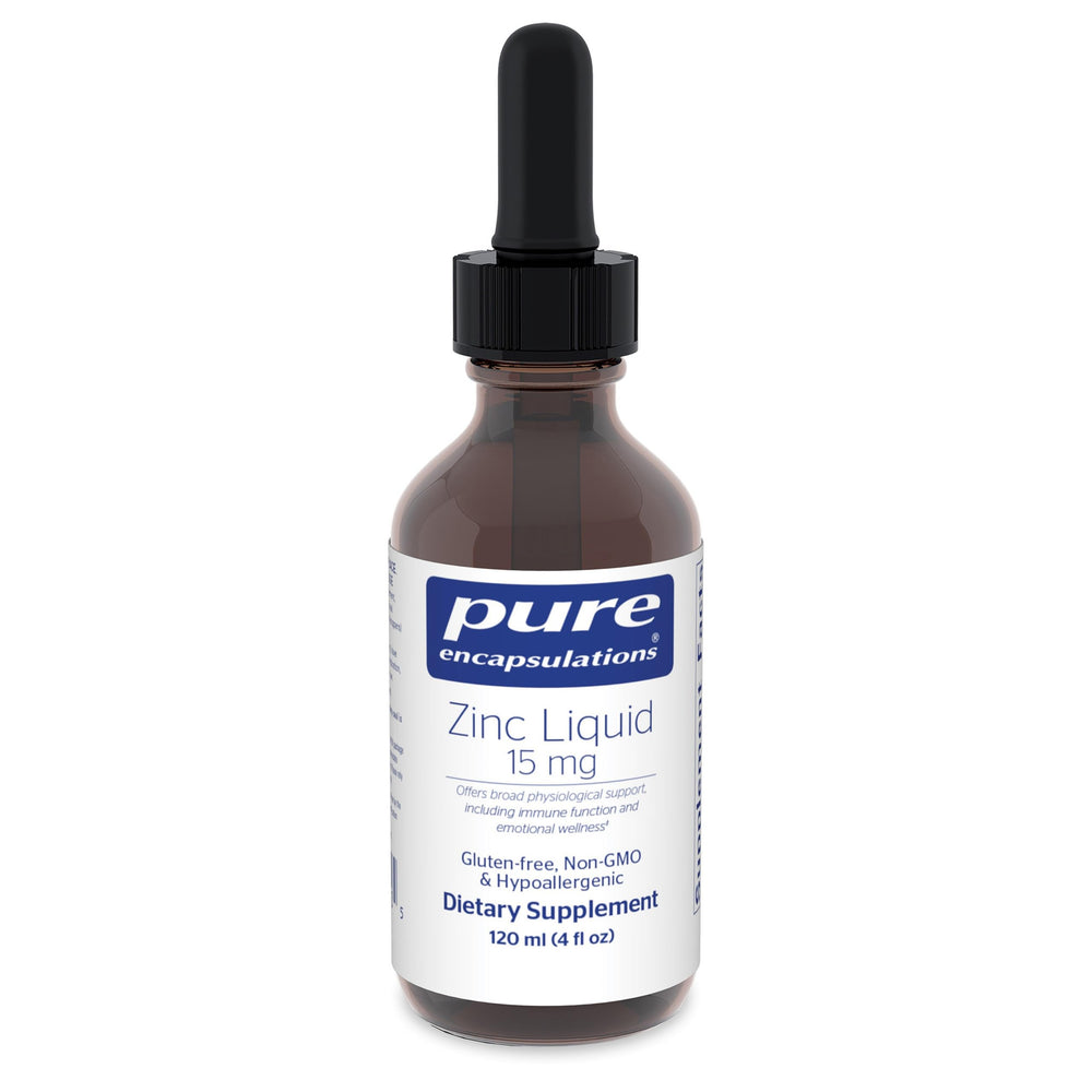 Bottle of Pure Encapsulations Zinc Liquid 15 mg with 4 oz label for immune support.