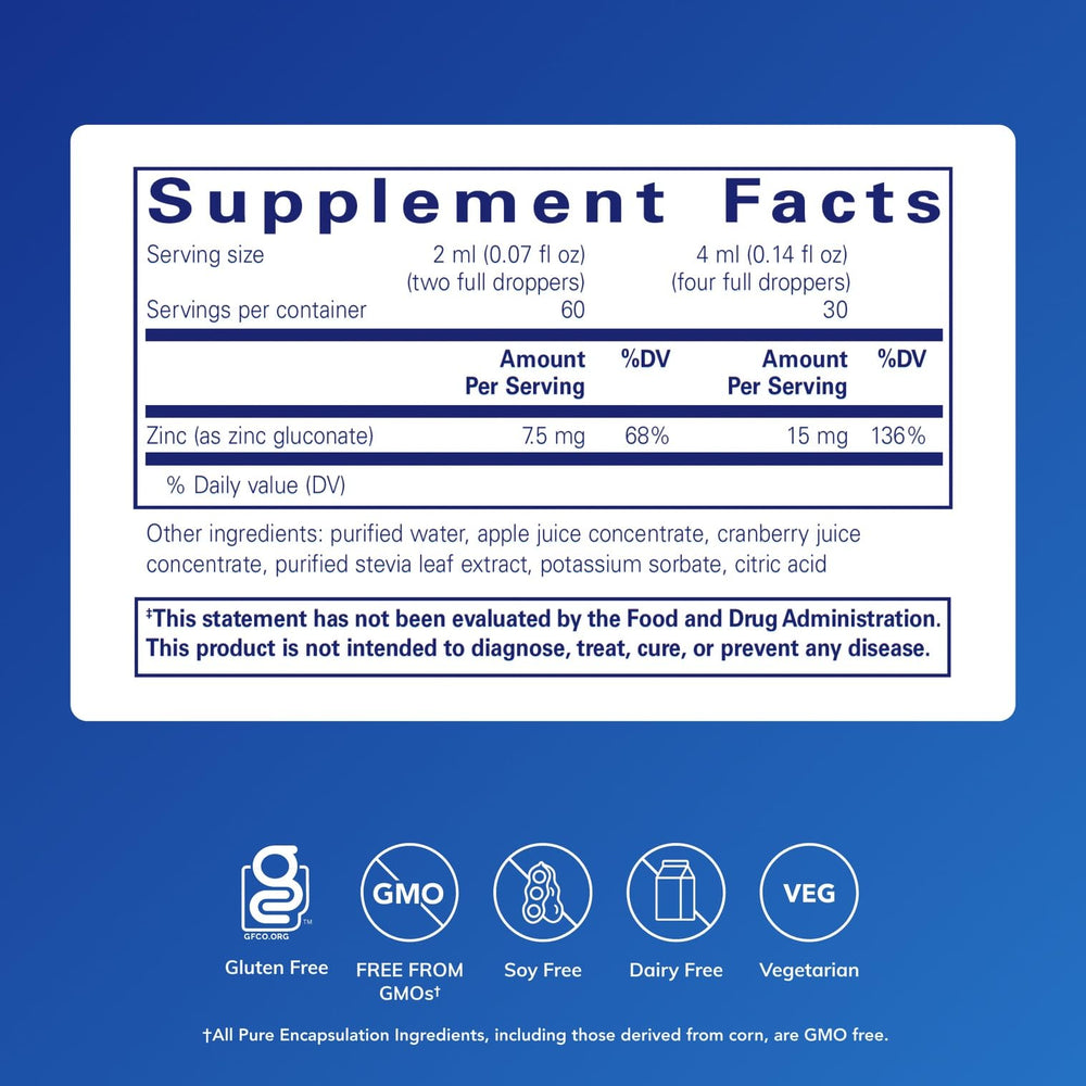 Close-up of Pure Encapsulations Zinc Liquid 15 mg bottle for immune support.