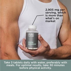 Pure for Men Pump Enhancer box suggests a 3-tablet daily pre-workout routine.