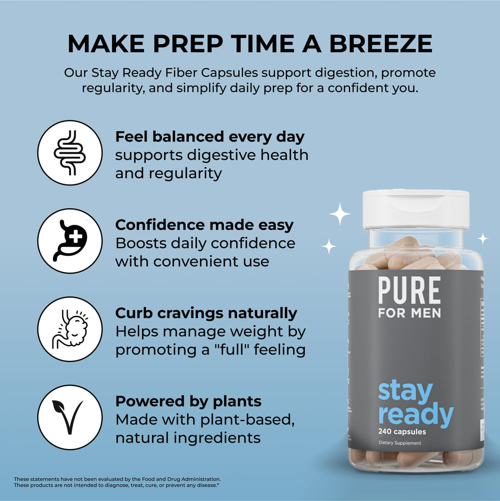 Pure for Men Stay Ready Fiber label on bottle, emphasizing vegan formula.