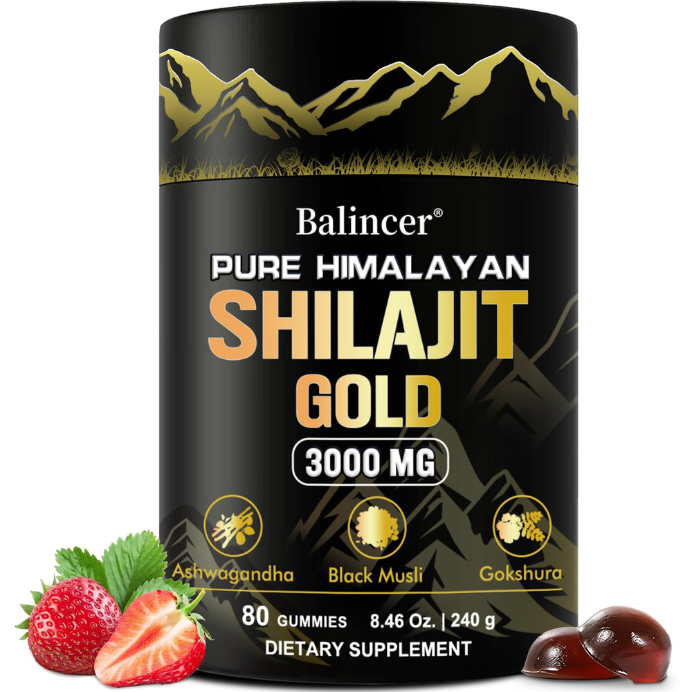 Pure Himalayan Shilajit Gummies Gold bottle front with Ashwagandha and Gokshura