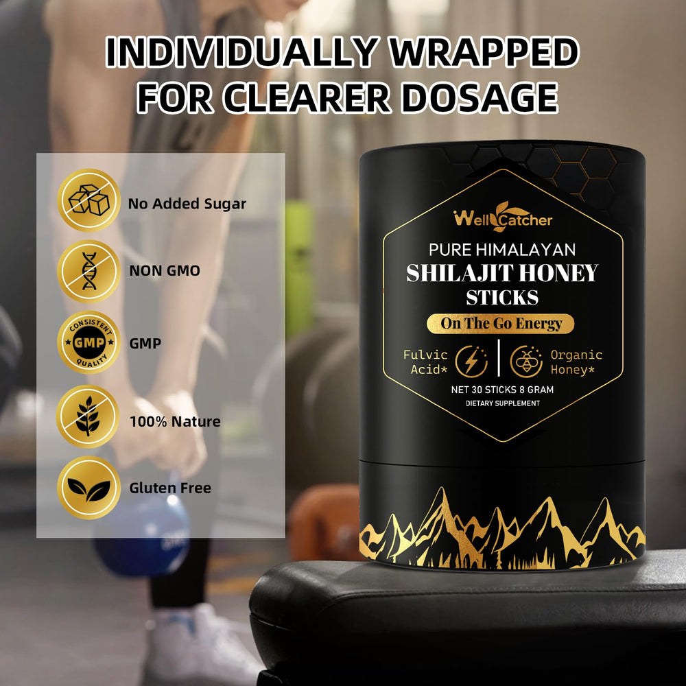 Individually wrapped Shilajit honey sticks for on-the-go