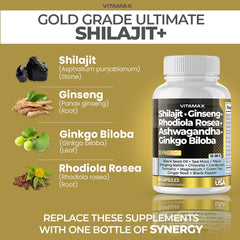 Shilajit and Sea Moss capsules highlighting 80+ trace minerals — USA Made