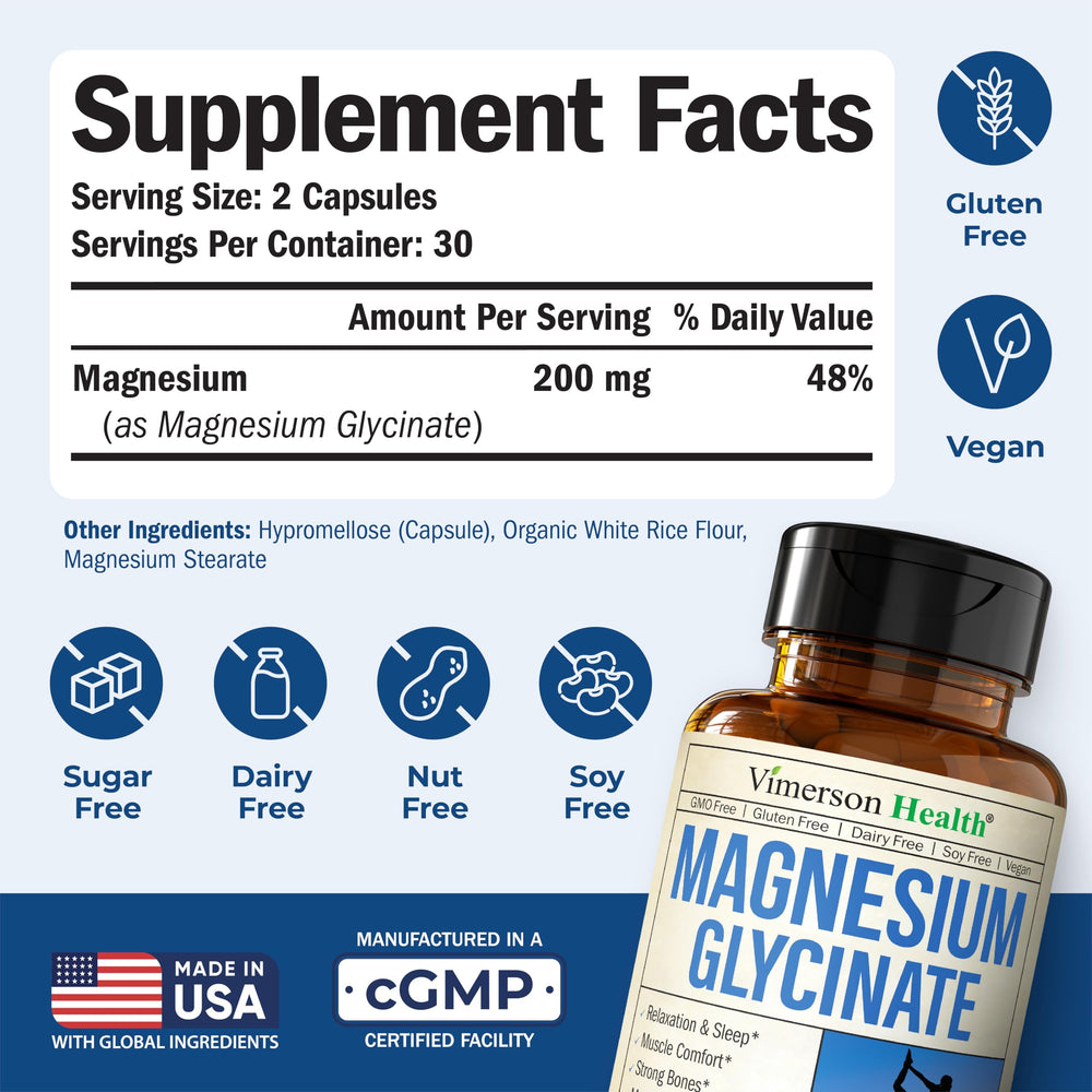 Back of bottle showing supplement facts for Magnesium Glycinate (60 vegan capsules)
