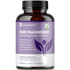Pure Magnesium Glycinate bottle with 180 capsules on a clean background