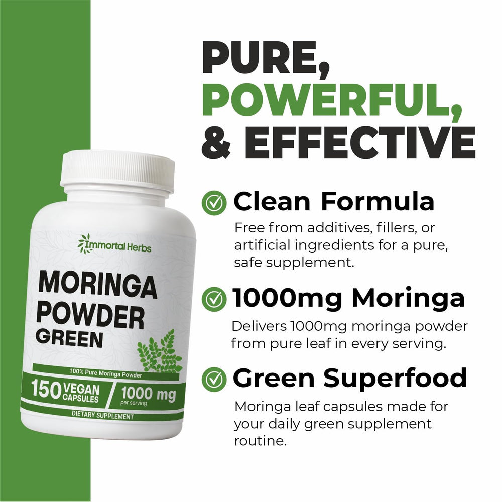 Close-up of moringa leaf powder per capsule (1000mg)
