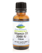 Bottle of Pure Mountain Botanicals Vitamin D3 drops with orange and lemon flavor, 1oz size