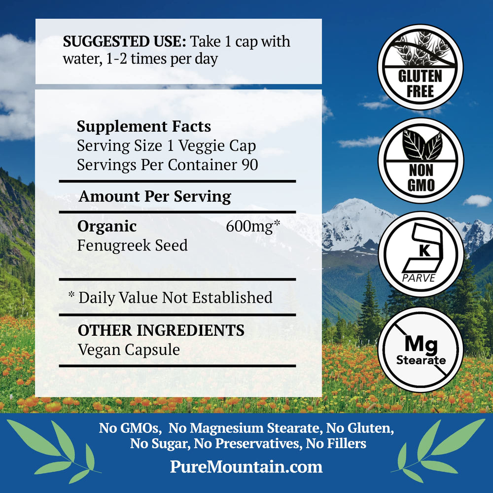Pure Mountain Botanicals organic fenugreek seeds jar shows clean ingredients.