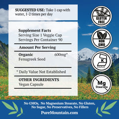Pure Mountain Botanicals organic fenugreek seeds jar shows clean ingredients.