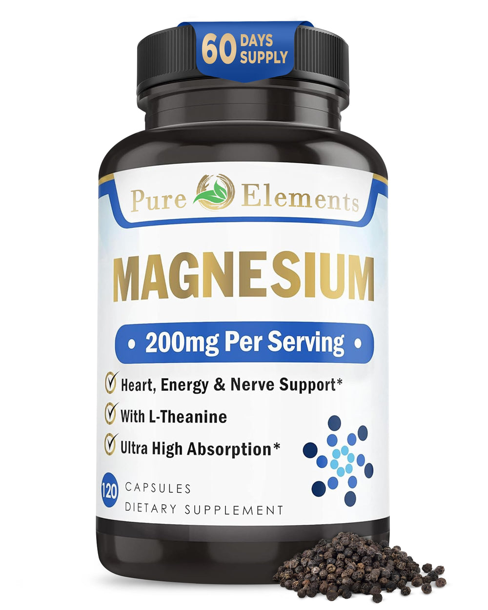 Bottle of Pure Organic Elements Magnesium Glycinate with L-Theanine, Potassium and Black Pepper, 120ct
