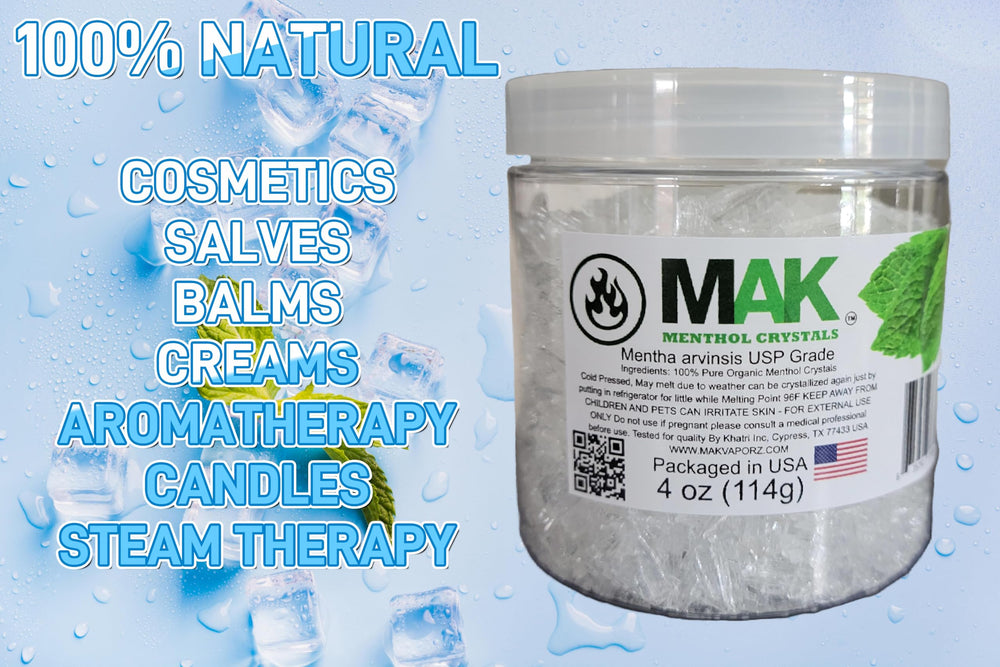 Pure organic menthol crystals in a clear jar