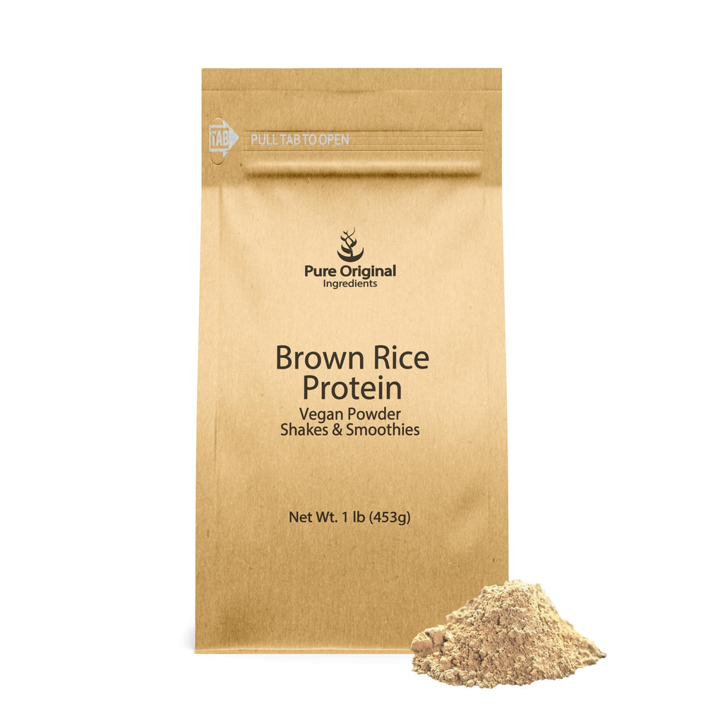 Pure Original Ingredients brown rice vegan protein powder bag closeup for clean shakes.