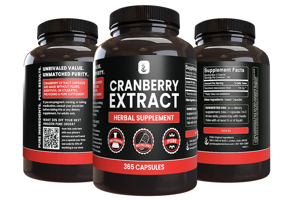 365-capsule cranberry extract bottle for six months of use