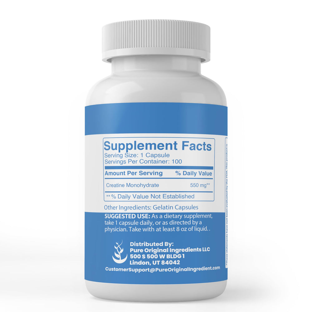 PURE ORIGINAL INGREDIENTS Creatine capsules close-up emphasizes purity