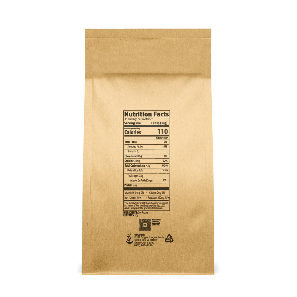 PURE ORIGINAL INGREDIENTS soy protein isolate unflavored blends into shakes smoothly.