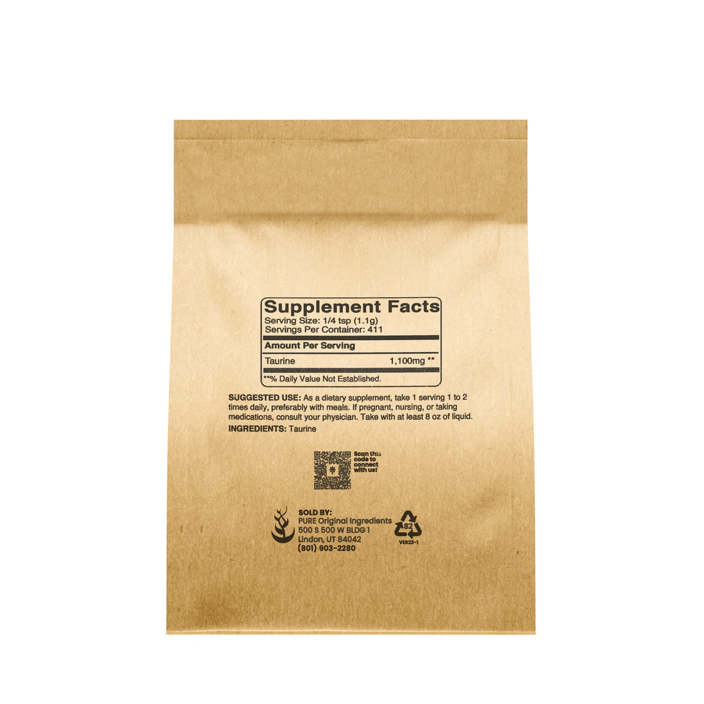 PURE ORIGINAL INGREDIENTS Taurine Powder packaging from Utah, USA signals quality and clean nutrition.