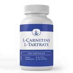 Front view of Pure Original L-Carnitine L-Tartrate bottle with 100 capsules