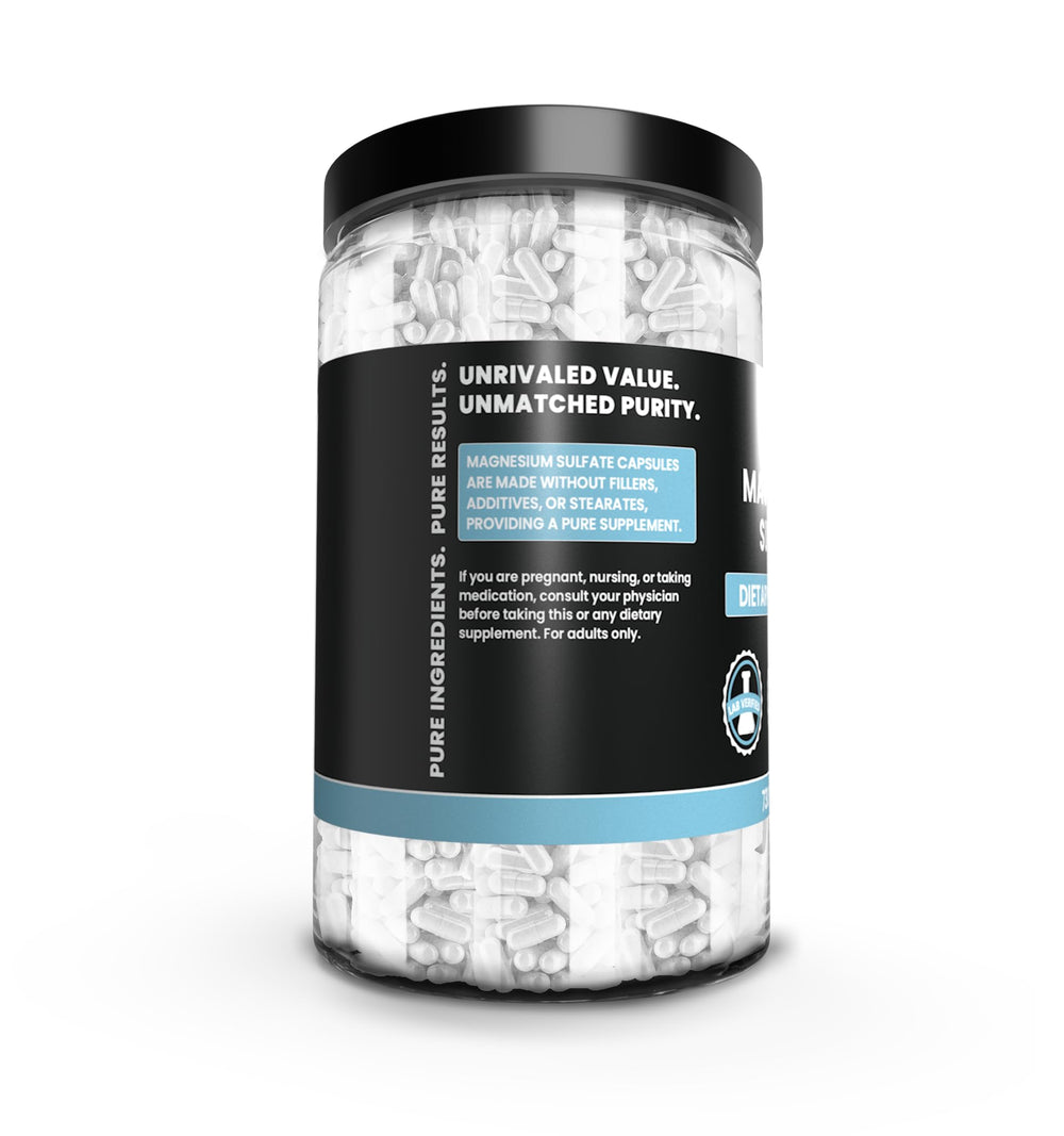 Close-up of Magnesium Sulfate capsules showing single-ingredient formula