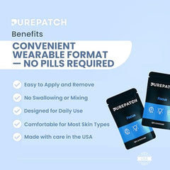 Pure Patch Focus packaging shows vegan, non-ingestible patch for quick focus.