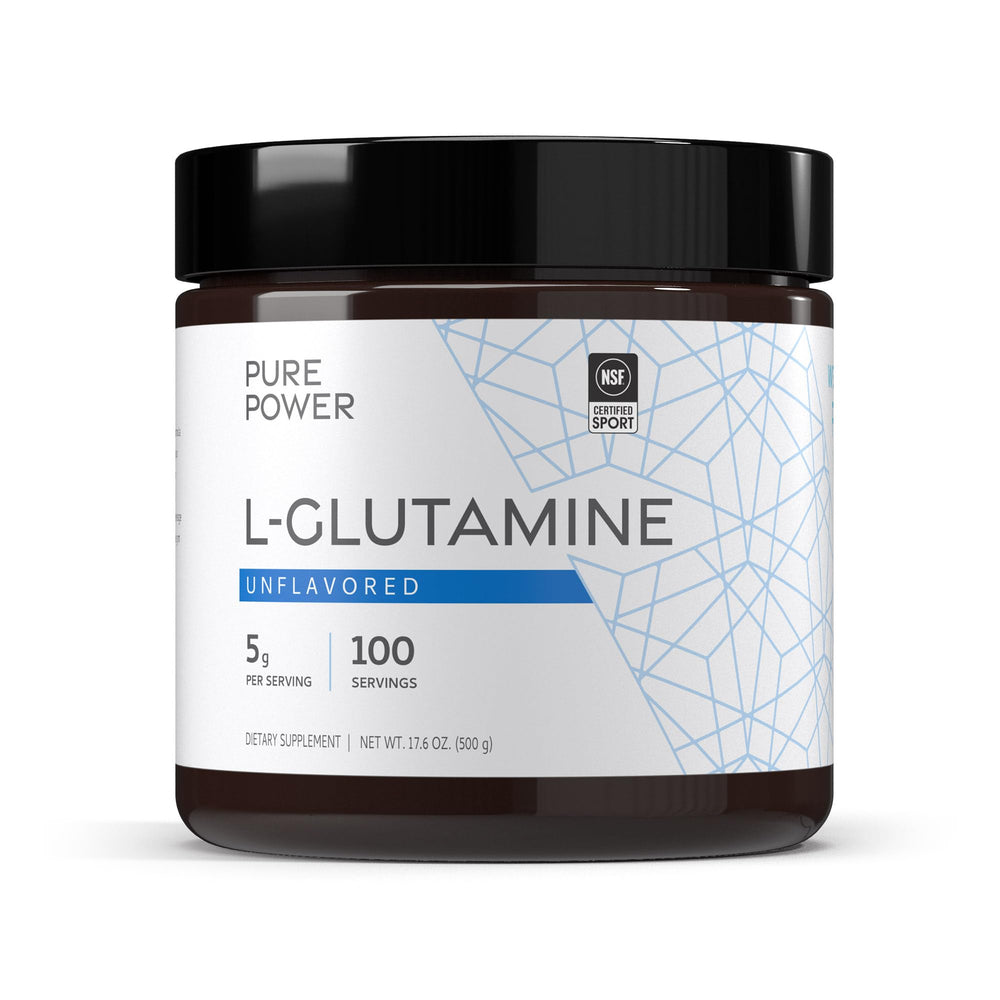 Front view of Pure Power L-Glutamine 500 g jar