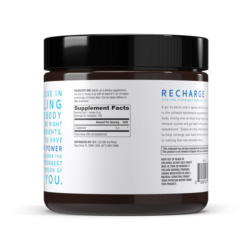 Side view of Pure Power L-Glutamine jar and label