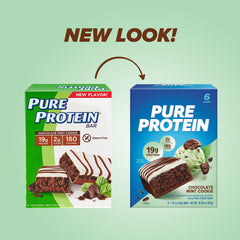 Pure Protein Chocolate Mint Cookie bar close-up shows dense texture ideal as post-workout snack