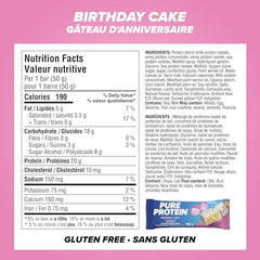 Pure Protein birthday cake bar unwrap—quick protein boost on the go.