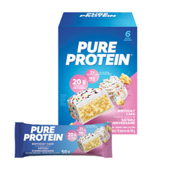 Pure Protein birthday cake bars pack—gluten-free snack for busy days.