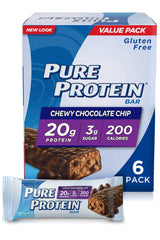 Pure Protein Chewy Chocolate Chip bar front view shows a protein-packed snack.