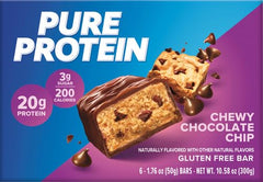 Pure Protein Chewy Chocolate Chip bar in gym bag ready for a workout snack.