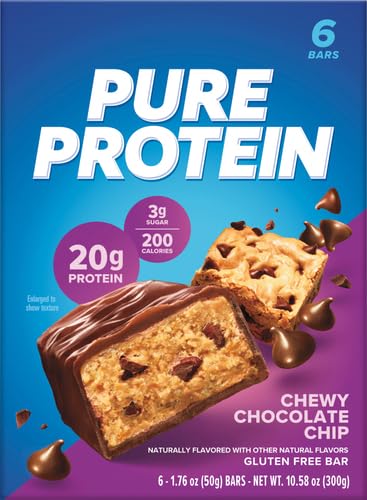 Pure Protein Chewy Chocolate Chip bar multipack pack highlights six bars for on-the-go fueling.