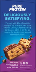 Pure Protein Chewy Chocolate Chip bar with glass of water supports quick nourishment.