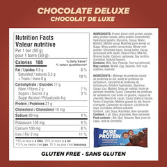 Pure Protein bar wrapper close-up highlights chocolate texture and quick protein boost.