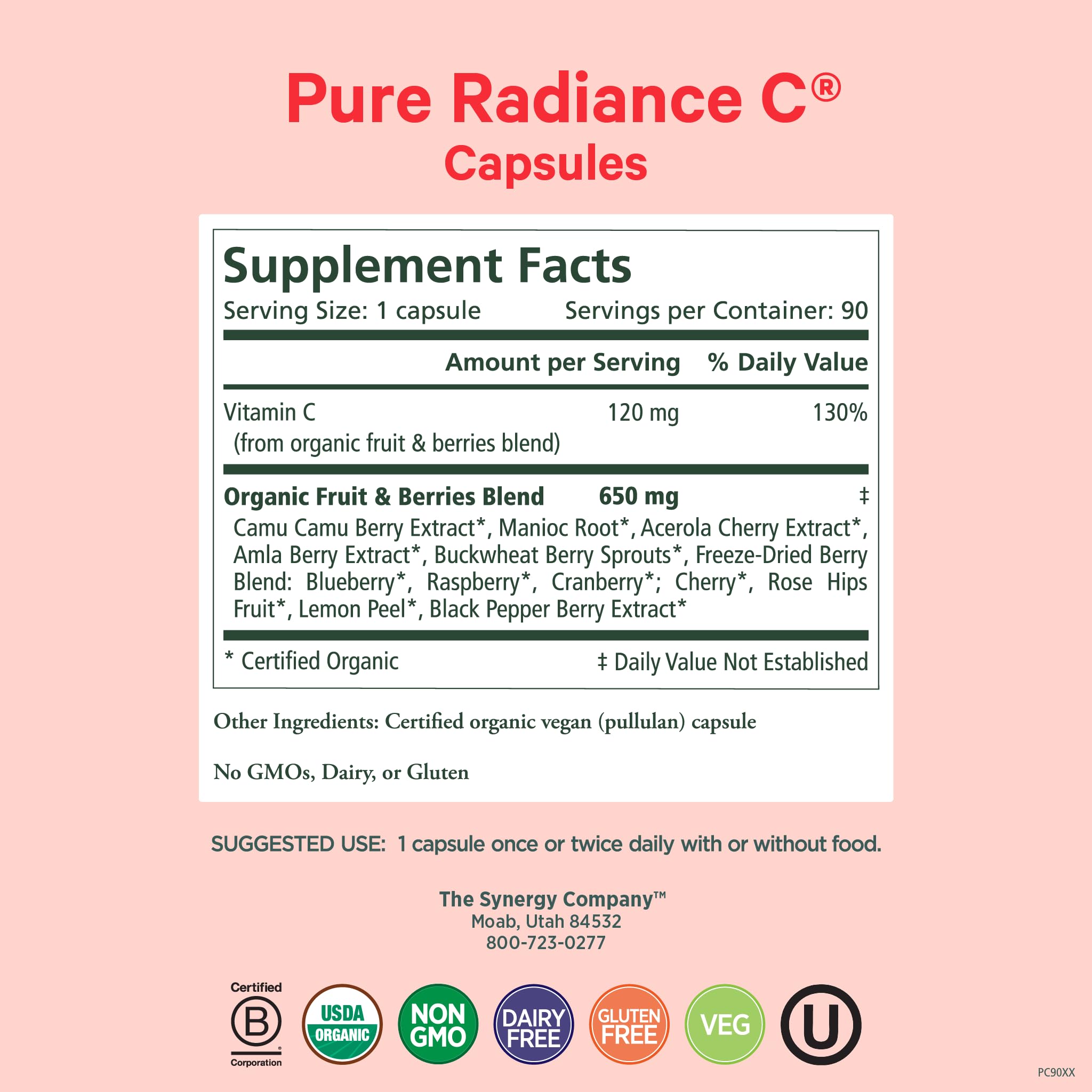 Close-up of Pure Radiance C bottle label with capsules Close-up of Pure Radiance C bottle label with capsules