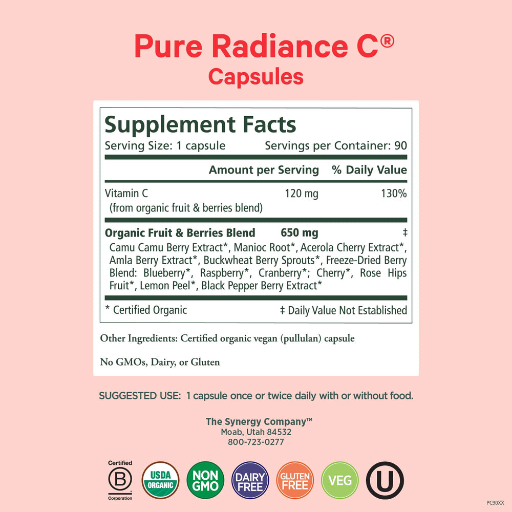 Close-up of Pure Radiance C bottle label with capsules