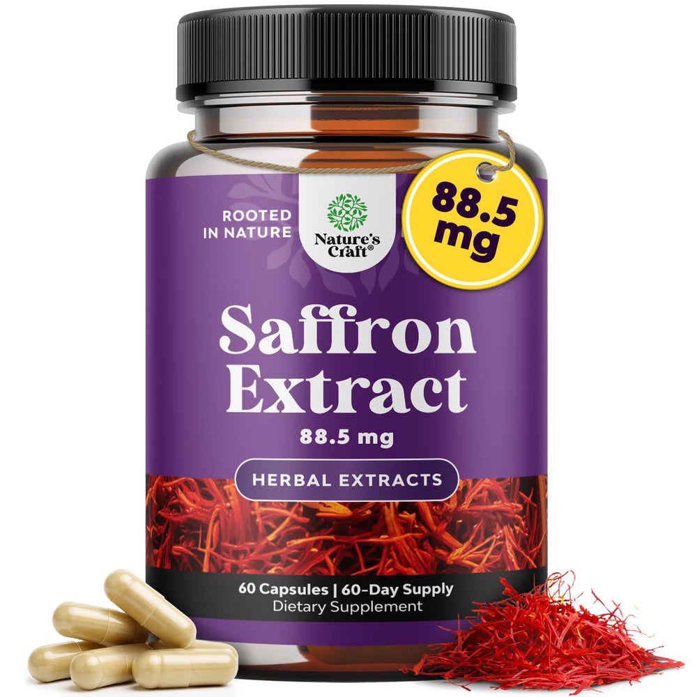 Bottle of saffron extract capsules on a white background.