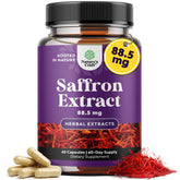 Bottle of saffron extract capsules on a white background.