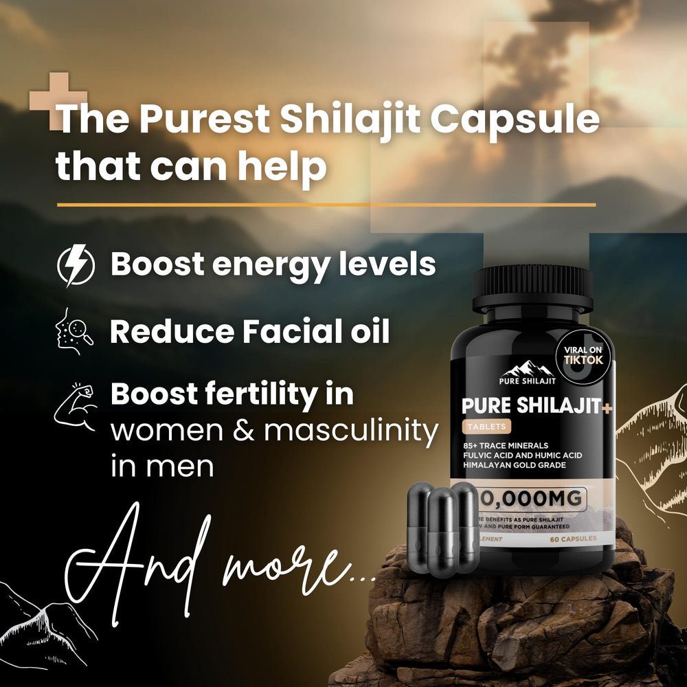 Close-up view of Pure Himalayan Shilajit capsules