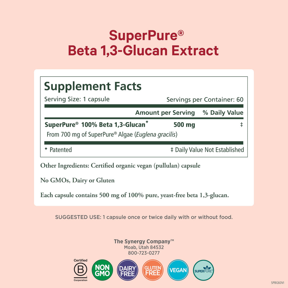 Close-up of PURE SYNERGY Beta-1,3-Glucan label on bottle